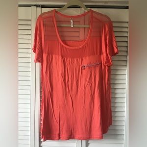 Melon colored half mesh top